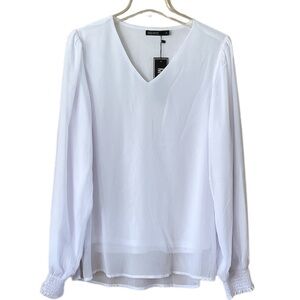 NWT Mikarose Blouse V-neck Sheer Fabric Lined Size Medium Shirred Elastic Cuffs